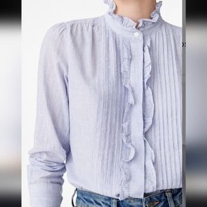 Vanessa Bruno Nicolas Pinstripe Ruffle Trim Blouse 38 Medium